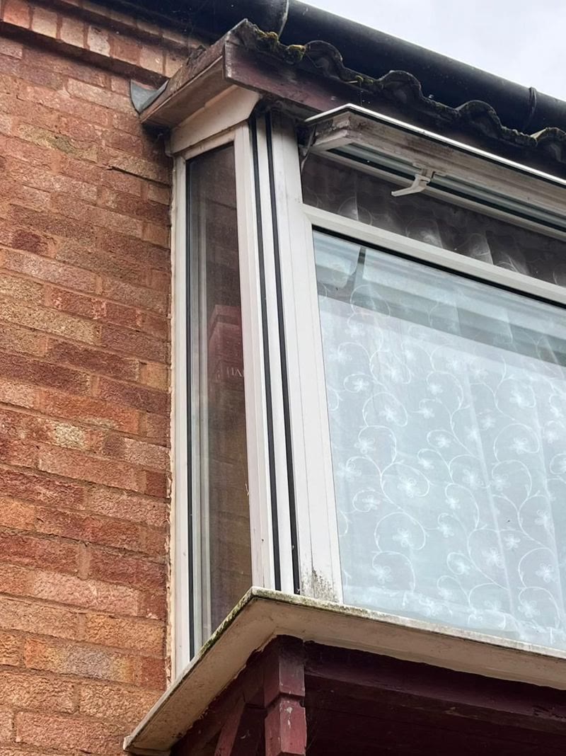 Bay window with algae-streaked frames before cleaning